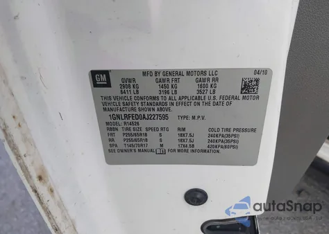 2010 Chevrolet Traverse Lt из США, поврежденный, VIN 1GNLRFED0AJ227595